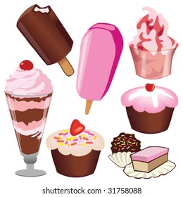 FRUITS AND CREAMY YOGURT DESSERT.Vector realistic illustration. Decorative sweets ice cream and mousse with syrup.