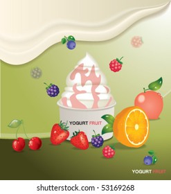 FRUITS AND CREAMY YOGURT DESSERT.Vector realistic illustration. Decorative sweets ice cream and mousse with syrup.