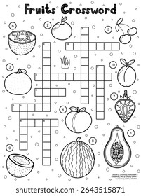 Frutas palavras cruzadas em preto e branco para crianças. Página de atividade educacional em resumo com frutas de verão. Jogo de quebra-cabeça com maçã, melancia, morango, coco e outros. Ilustração vetorial