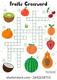 Frutas de palavras cruzadas para crianças. Páginas de atividade educacional com frutas de verão. Jogo de quebra-cabeça com maçã, melancia, morango, coco e outros. Ilustração vetorial