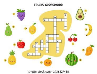 Fruits crossword puzzle for kids. Cute smiling fruits. Educational game for children.