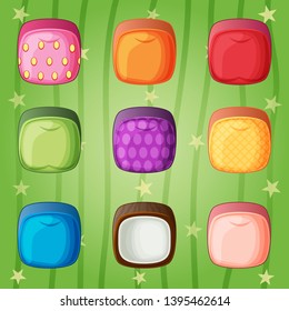 Fruits cube candy colorful match 3 game style. 2d asset for user interface GUI in mobile application game. Vector for web or game design. Decorative GUI elements, Cartoon icon set.