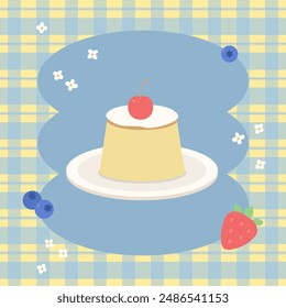 Fruits and a custard pudding on yellow and blue checkered pattern.