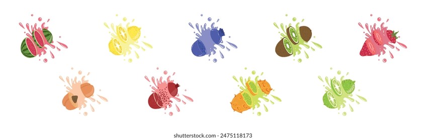Fruits Cut In The Air Splashing The Juice Vector Set