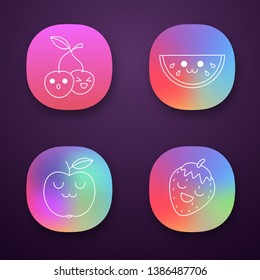 Fruits cute kawaii app characters set. Cherry, watermelon, apple, strawberry with smiling faces. Funny emoji, emoticon, smile. Vector isolated illustration