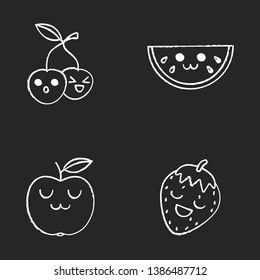 Fruits cute kawaii chalk characters set. Cherry, watermelon, apple, strawberry with smiling faces. Funny emoji, emoticon, smile. Vector isolated chalkboard illustration