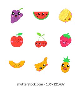 Fruits cute kawaii vector characters. Berries with smiling face. Kissing pineapple and banana. Happy grapes and apple. Funny emoji, emoticon, smile. Isolated cartoon color illustration