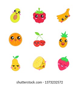 Fruits cute kawaii vector characters. Berries with smiling face. Banana and surprised orange. Happy avocado and pineapple. Funny emoji, emoticon, smile. Isolated cartoon color illustration