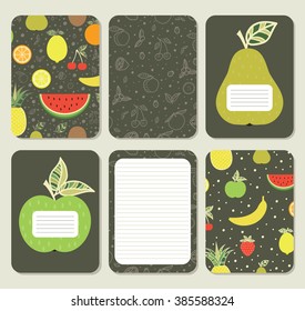 Fruits. Cute pages for notes with cute fruits. Notebooks,decals, diary, cards, school accessories. Cute design with seamless patterns with cute  fruits. Seamless patterns under mask.