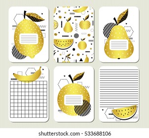 Fruits. Cute pages for notes with cute fruits. Notebooks,decals, diary, cards, school accessories. Cute design with seamless patterns with cute  fruits. Seamless patterns under mask