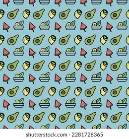 Fruits cute seamless pattern. Avocado, lemon, watermelon. Pastel bright background for textile, fabric, decorative paper. Cartoon vector illustration