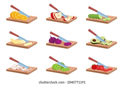 Fruits cutting board. Chopped vegetables, knife slicing raw ingredients angle view, salad cooking process, dish preparation kitchen tools, vegetarian healthy food vector isolated set