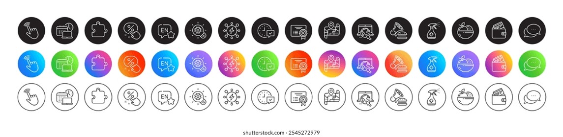 Fruits, Debit card and Cursor line icons. Round icon gradient buttons. Pack of Reject certificate, Map, Work time icon. Discount button, Puzzle, Internet pictogram. Vector