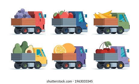 Fruits delivery. Vans green natural products fruits and vegetables delivery to retail urban marketplaces garish vector flat vehicles collection