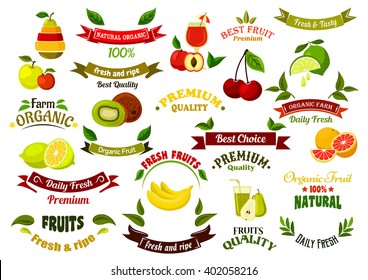 Fruits design elements for agriculture and farm market design with apples, pears, oranges, peaches, bananas and lemons, limes and kiwis, cherries, fresh juice and ribbons with green leaves and stars