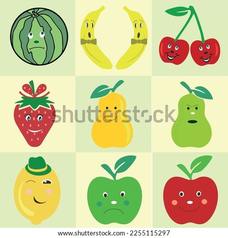 Fruits with different emotions - smile, anger, surprise, resentment, joy, sadness. Funny fruits with eyes and mouth. Stickers. Vector.