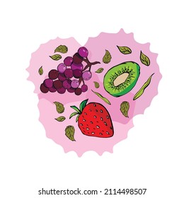 Fruits digital illustration. Set of grape strawberry kiwi and leaves on a purple background with watercolor spots. Printing on a business card banner juice packaging poster textile. 