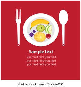 Fruits dish on red background with text illustration, vector
