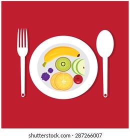 Fruits dish on red background illustration, vector