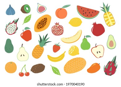 Fruits. Doodle apple, orange and pear, lemon and watermelon, cherry and pineapple, kiwi. Banana, peach and avocado vegan food, juicy fruit vector set. Natural tasty products collection