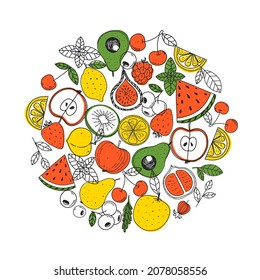 Fruits doodle collection. Round composition design. Scandinavian style. Hand drawn vector illustration. Minimalist design. Healthy organic food