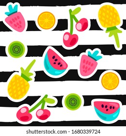 Fruits doodle color stickers set. Pineapple, watermelon, kiwi, orange, cherry patches collection