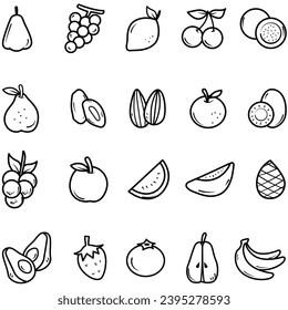 Icono del doodle de frutas. Juego de iconos de arte de línea de frutas. Icono de tipo de frutos diferentes