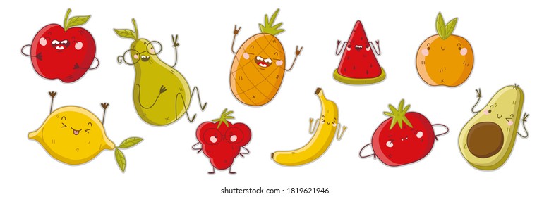 Juego de doodles de frutas. Colección de plantillas dibujadas a mano patrones de coloridos vegetarianos personajes mascotas de comida con alegres emociones cómicas enojadas sobre fondo blanco. Ilustración de la nutrición de la salud de la vitamina