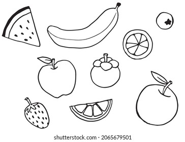 Fruits doodles hand drawn. There are watermelon banana apple mangosteen orange lemon blueberry and strawberry.