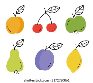Fruits doodles set. Plum, peach, apple, pear, lemon, cherry. Hand drawn sketch icons. Isolated vector illustration.