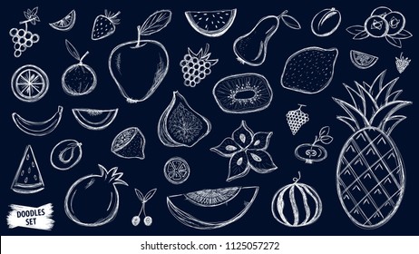 Fruits doodles set. Tropical fruit. Summer. Berry. Scribble collection. Quirky sketches. Grape. Blueberry. Carambola. Watermelon. Pineapple. Strawberry. Figs. Pear. Kiwi. Melon. Citrus. Smoothie.