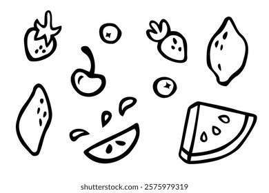 Fruits doodles set. Vector collection of hand drawn elements: watermelon, cherry, lemon, .strawberry, mango, berry, orange.