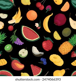 Fruits doodles vector seamless pattern. Ornament of berries, tropical fruits, summer harvest.