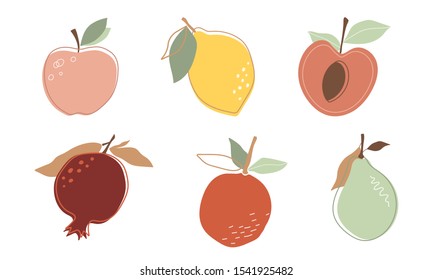 Fruits drawn by hands, in a simple modern style. Pear, Apple, peach, pomegranate, lemon, orange, nice colors. Vector illustration for menu design, packaging, cookbook.