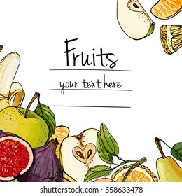 Fruits drawn a color line on a white background. Vector sketch. Sketch line. Apple, pear, peach, lemon, orange, lime, Tangerine, kiwi, figs, banana