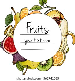 Fruits drawn a color line on a white background. Vector sketch. Sketch line. Apple, pear, peach, lemon, orange, lime, Tangerine, kiwi, figs, banana
