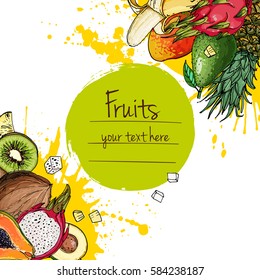 Fruits drawn a color line on a white background. Pineapple, avocado, papaya, apricot, mango, grape, pitahaya line drawn on a white background. Vector illustration. Coloring for adults