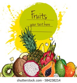 Fruits drawn a color line on a white background. Pineapple, avocado, papaya, apricot, mango, grape, pitahaya line drawn on a white background. Vector illustration. Coloring for adults