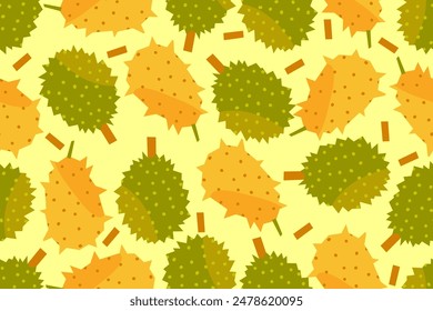 Fruits of durian and kiwano on yellow background. Seamless pattern. Exotic tropical fruits in flat style. Naive abstract fruits. Vector illustration.