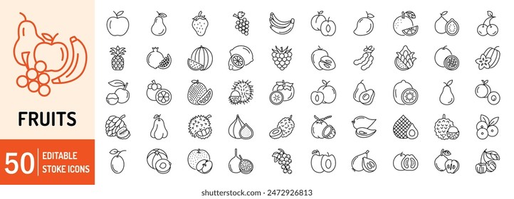 Conjunto de iconos web de contorno de trazo editable de frutas. Manzana, mango, plátano, naranja, sandía, piña, guayaba, jaca y fresa. Ilustración vectorial