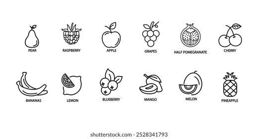 Fruits editable stroke outline web icons set. Apple, mango, banana, lemon, melon, pineapple, blueberry, pomegranate, grape. Vector illustration