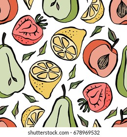 Fruits elements vector pattern. Hand-drawn seamless background with fruity assorti. Included lemon, pear, strawberry, apple and peach in trendy color. Vector texture. Modern swatch in rustic design.
