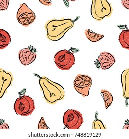 Fruits elements vector pattern. Hand-drawn seamless background with fruity assorti. Included lemon, pear, strawberry, apple and peach in trendy color. Vector texture. Modern swatch in rustic design.