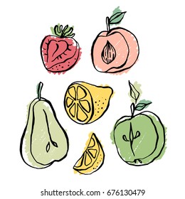 Fruits elements vector set. Hand-drawn doodle with fruity assorti. Included lemon, pear, strawberry, apple and peach in trendy color. Simple print. Vector texture. Modern swatch in rustic design.