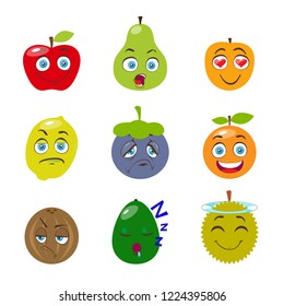 Fruits Emoji collection. Funny comic cartoon faces set. Vector emoticon stickers.
