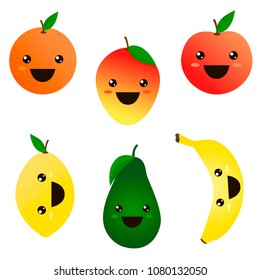 Fruits emoji elements. White background for menu, catalog, restaurant, cartoon, game, kitchen, textile, decor. Vector illustration. Bright icon