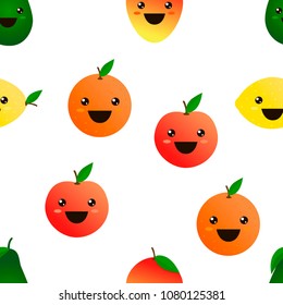 Fruits emoji seamless pattern. White background for menu, catalog, restaurant, cartoon, game, kitchen, textile, decor. Vector illustration.