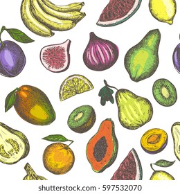 Fruits engraved hand drawn vector illustrations. Seamless pattern. Ink sketch art, for cloth design, wrapping paper, background, textile. Vintage style, detailed drawings.
