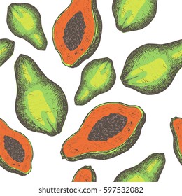 Fruits engraved hand drawn vector illustrations. Papaya Seamless pattern. Ink sketch art, for cloth design, wrapping paper, background, textile. Vintage style, detailed drawings.