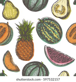 Fruits engraved hand drawn vector illustrations. Seamless pattern. Ink sketch art, for cloth design, wrapping paper, background, textile. Vintage style, detailed drawings.